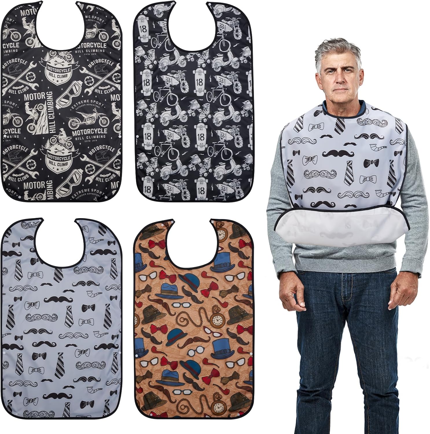 4-Pack Adult Bibs for Eating, 18"x30" Waterproof Bibs for Men with Snap Buttons and Crumb Catcher - Adjustable and Washable Clothing Protector for adults,Seniors and People with Disabilities