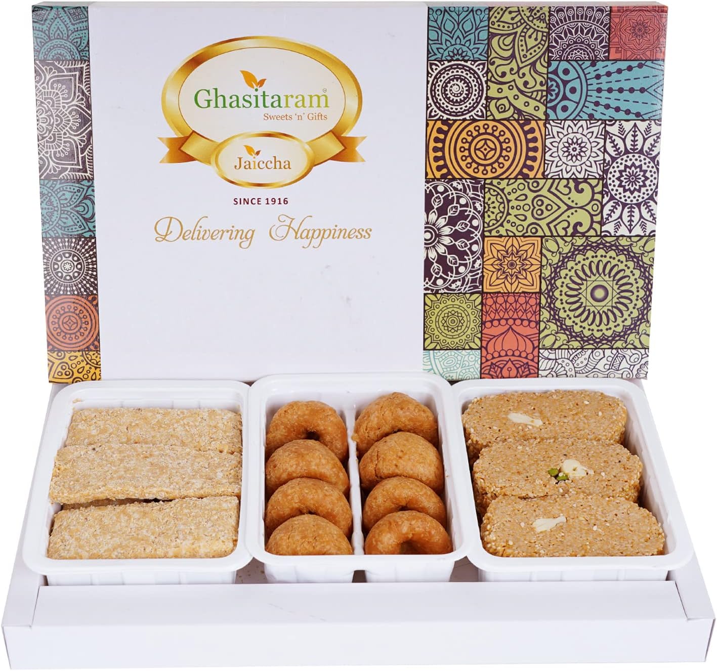 Ghasitaram Gifts Lohri Gifts Assortment of Gud Til Gachak, Khasta Gachak and Khajoor 600 GMS