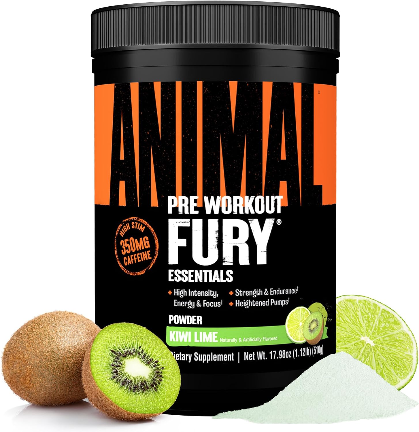 Animal Fury Pre Workout Powder - Kiwi Lime, 350mg Caffeine, BCAA Amino Acids, 2g Beta Alanine, Citrulline & Tyrosine, Energy, Focus, Strength, Endurance, Preworkout for Men & Women, 30 Servings