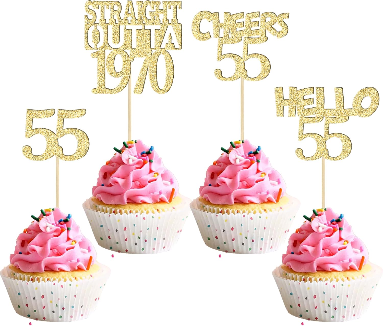 Gyufise 24Pcs Happy 55th Cupcake Toppers Glitter Fifty-five Straight Outta 1970 Cupcake Picks Cheers to 55 Years Birthday Cake Decorations for Happy 55th Birthday Anniversary Party Supplies Gold