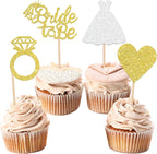 24 PCS Bride to Be Cupcake Toppers with Glitter Heart Ring Dress Bridal Shower Cupcake Picks Decorations for Wedding Engagement Bachelorette Party Supplies Gold