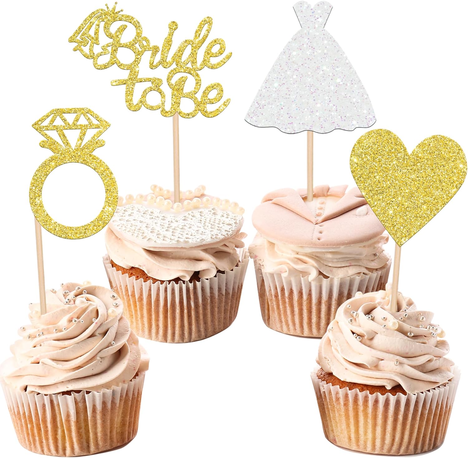 24 PCS Bride to Be Cupcake Toppers with Glitter Heart Ring Dress Bridal Shower Cupcake Picks Decorations for Wedding Engagement Bachelorette Party Supplies Gold
