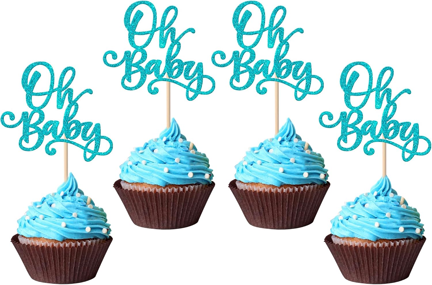Rsstarxi 24 Pack Oh Baby Cupcake Toppers Glitter Baby Shower Cupcake Picks for Baby Shower Kids Boys Girls Birthday Party Cake Decorations Supplies Blue