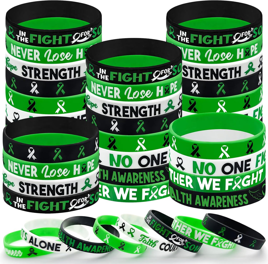 Cinrobiye 30 Pcs Mental Health Awareness Silicone Bracelets, Green Ribbon Wristbands with Faith, Courage, Hope, Strength for Men Women, Mental Health Month Gifts, Fundraisers, Party Favors, Stocking Stuffers