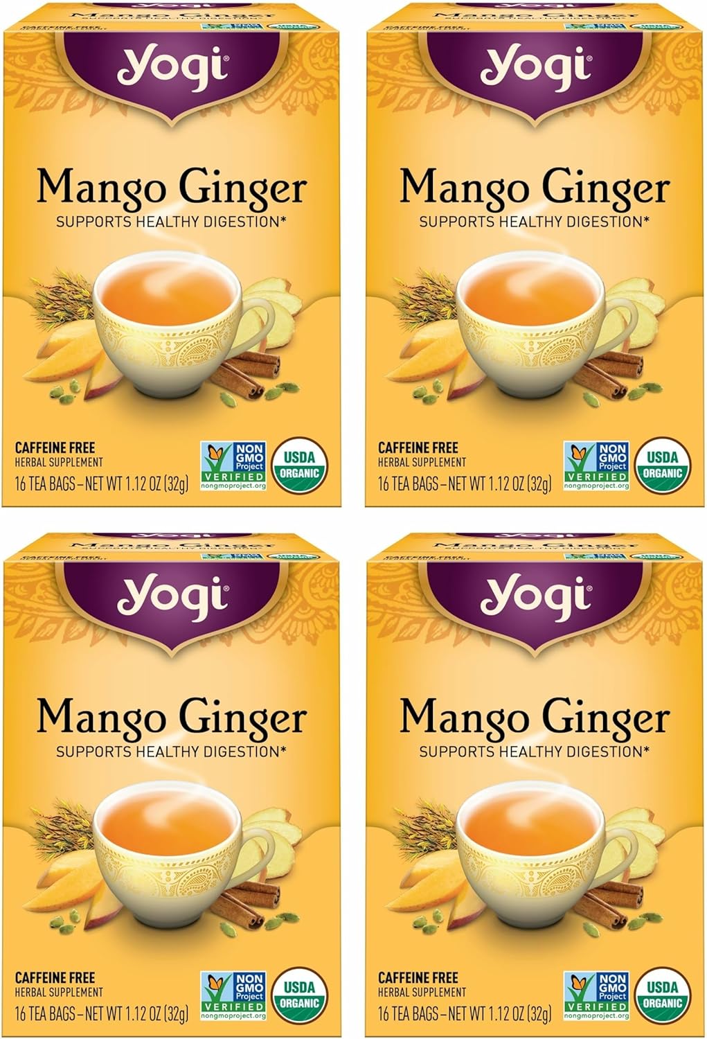 Yogi Tea Mango Ginger - 16 Bags per Pack (4 Packs) - Organic Ginger Root Tea to Support Healthy Digestion - Contains Antioxidants - Includes Cinnamon Bark, Rooibos Leaf, Mango Flavor & More