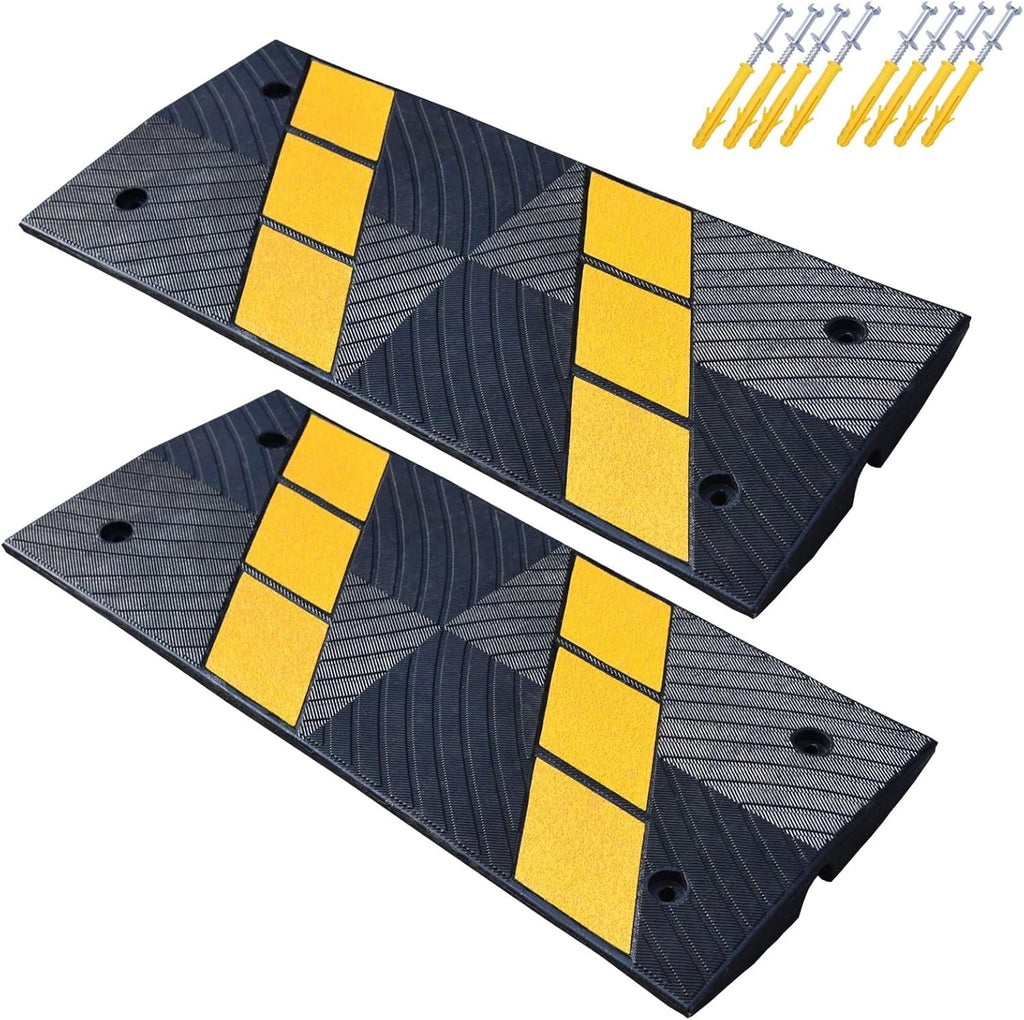Rubber Curbside Bridge Ramps, Heavy Duty Driveway Curb Ramps with Yellow Reflective Strips for Car, Truck, Scooter, Wheelchair, Garage, Loading Dock, Sidewalk (2 Pack)