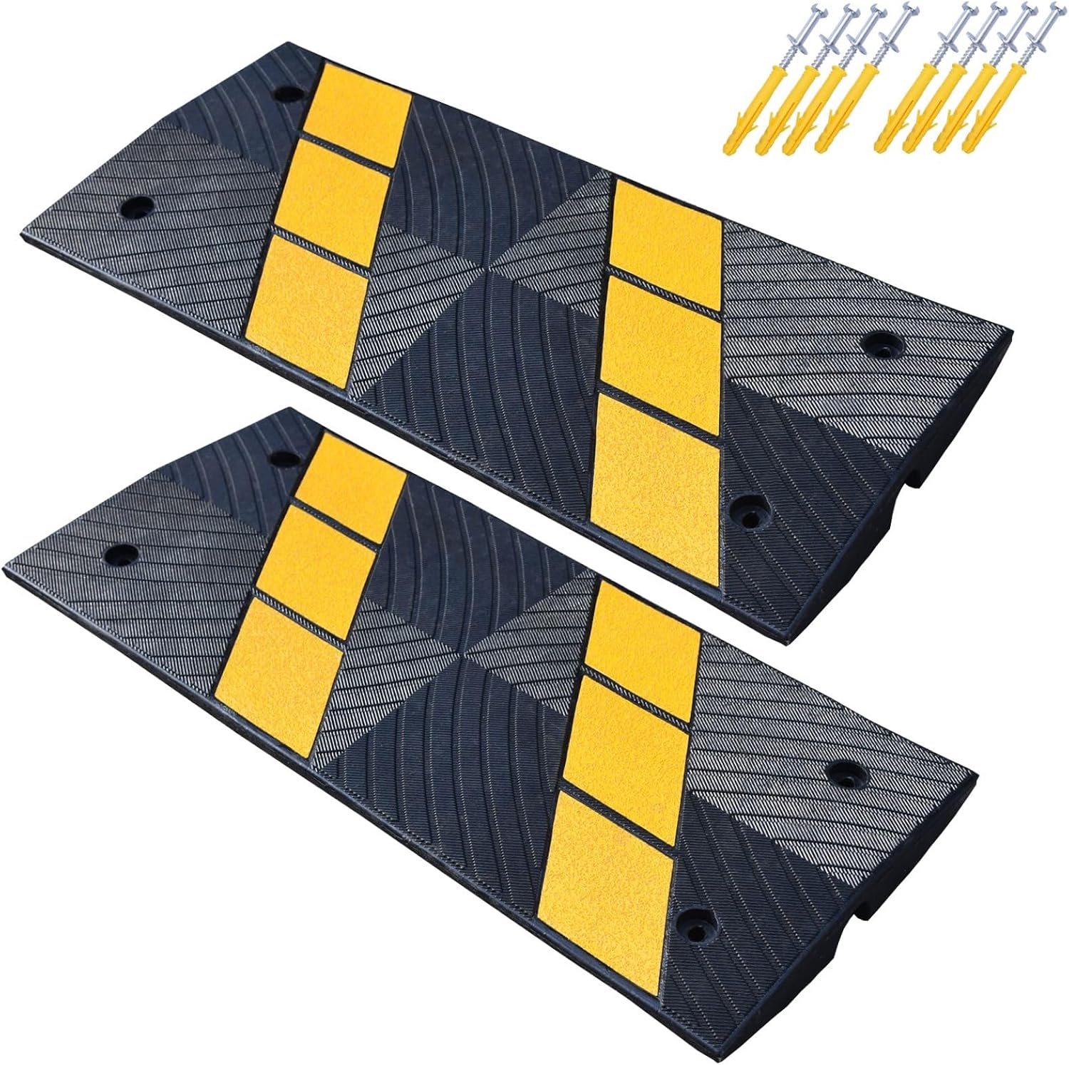 Rubber Curbside Bridge Ramps, Heavy Duty Driveway Curb Ramps with Yellow Reflective Strips for Car, Truck, Scooter, Wheelchair, Garage, Loading Dock, Sidewalk (2 Pack)