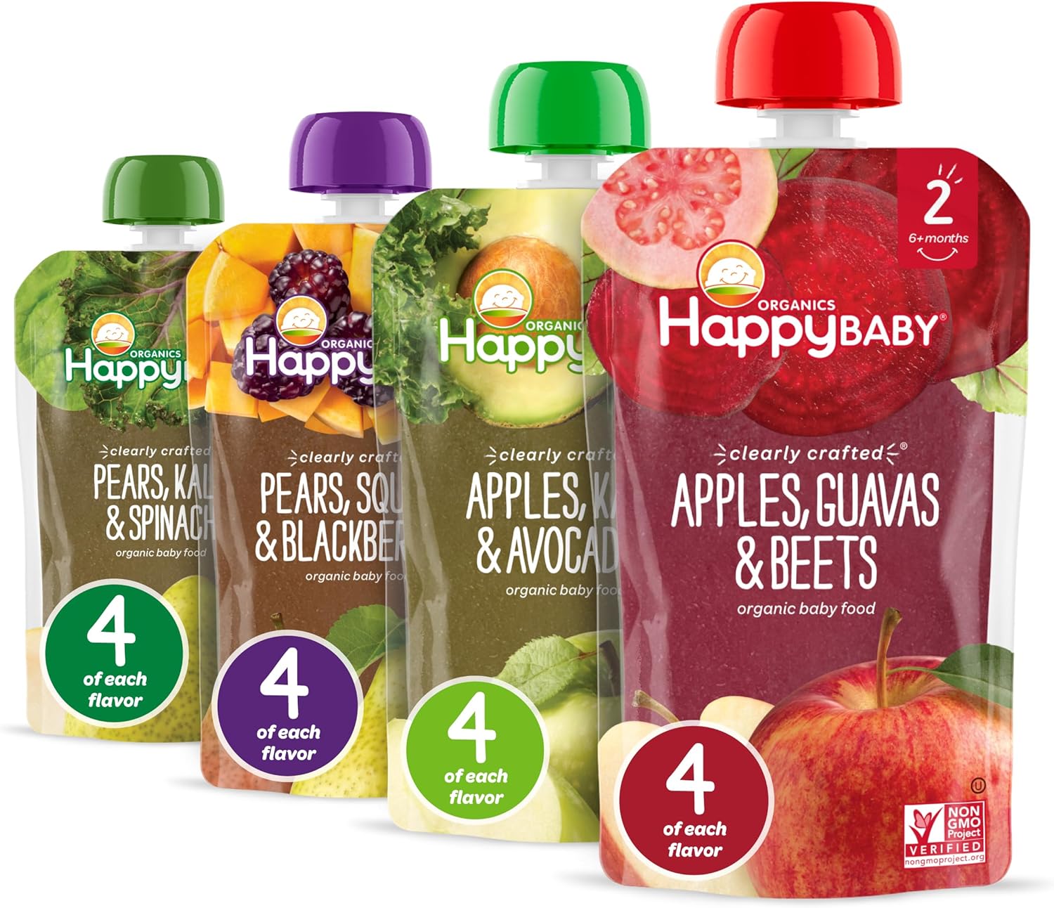 Happy Baby Organics Stage 2 Baby Food Pouches, Gluten Free, Vegan & Healthy Snack, Clearly Crafted Fruit & Veggie Puree, Fruit & Veggie Variety Pack, 4 Ounces (Pack of 16), Amazon Exclusive