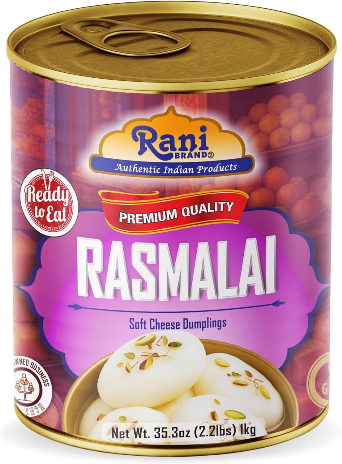 Rani Rasmalai (Soft Cheese Dumplings) 35.3oz (2.2lbs) 1kg, Approximately 14 pieces, Easy Open Lid ~ Ready to eat | Gluten Free | Non-GMO | Kosher | Indian Origin
