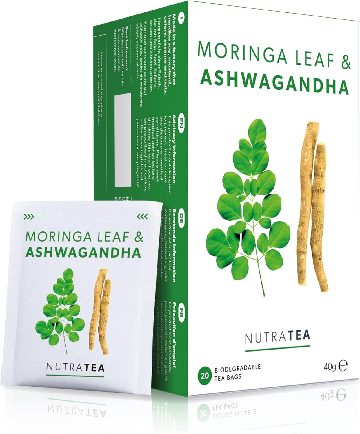 Nutra Tea - Moringa Leaf & Ashwagandha – Moringa Tea Bags, Ashwagandha Tea Bags - For Mood Support and Stress Relief - 40 Individually Wrapped Bags - Herbal Infusion (2 Pack)