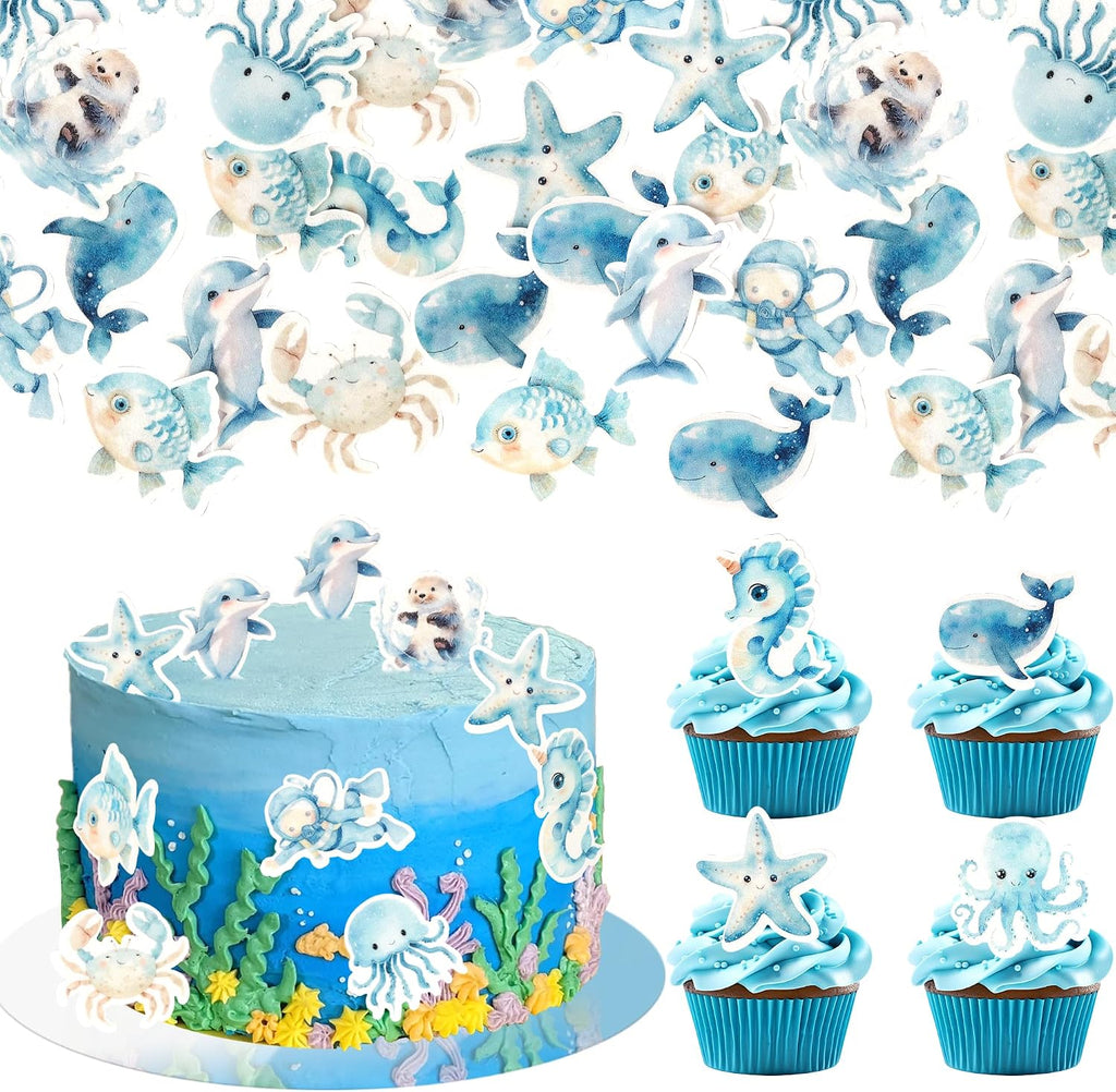 60 PCS Edible Ocean Sea Animal Cupcake Toppers Shark Dolphin Starfish Octopus Seahorse Cupcake Picks Under the Sea Baby Shower Cake Decorations for Under the Sea Theme Birthday Party Supplies