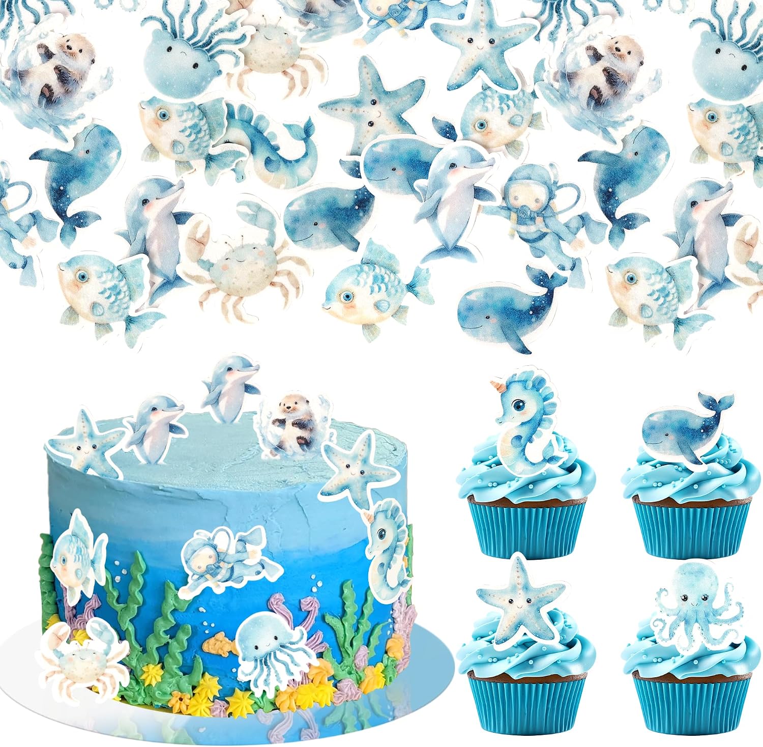 60 PCS Edible Ocean Sea Animal Cupcake Toppers Shark Dolphin Starfish Octopus Seahorse Cupcake Picks Under the Sea Baby Shower Cake Decorations for Under the Sea Theme Birthday Party Supplies