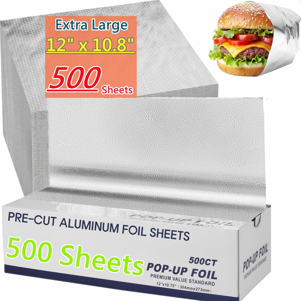 Aluminum Foil Sheets, 500 Count Pre-Cut Aluminum Tin Foil Sheet, 12" x 10.75" Large Heavy-Duty Pop-Up Dispenser for Sandwich Wrap, Hot Dog, Food Storage, Baking, Kitchen Service