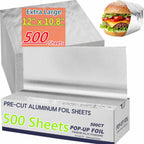 Aluminum Foil Sheets, 500 Count Pre-Cut Aluminum Tin Foil Sheet, 12" x 10.75" Large Heavy-Duty Pop-Up Dispenser for Sandwich Wrap, Hot Dog, Food Storage, Baking, Kitchen Service