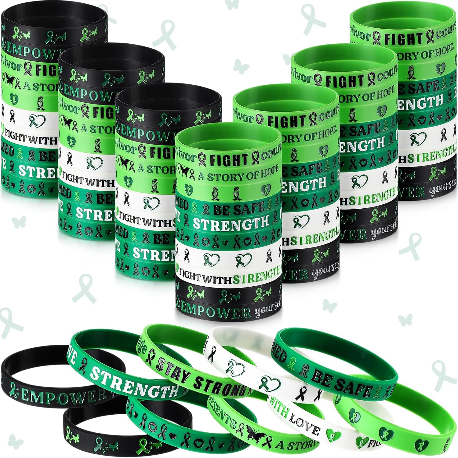 100 Pcs Mental Health Awareness Bracelets Bulk Green Ribbon Silicone Wristband Motivational Green Bracelets Rubber for Men Women Mental Health Awareness Month Gifts