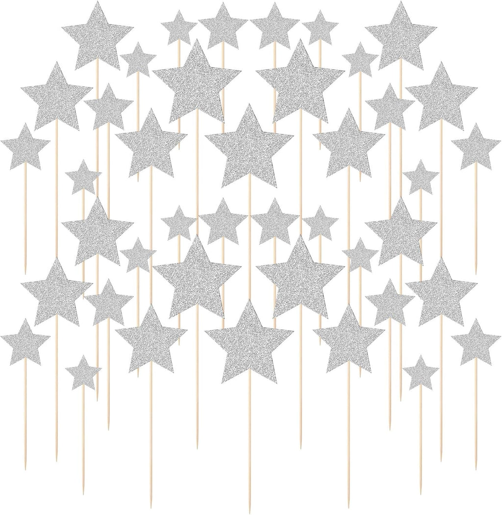 42 PCS Glitter Silver Star Cake Picks, Twinkle Star Cupcake Toppers, Wedding Engagement Baby Shower Birthday Party Cake Decorations Supplies, Mixed Size