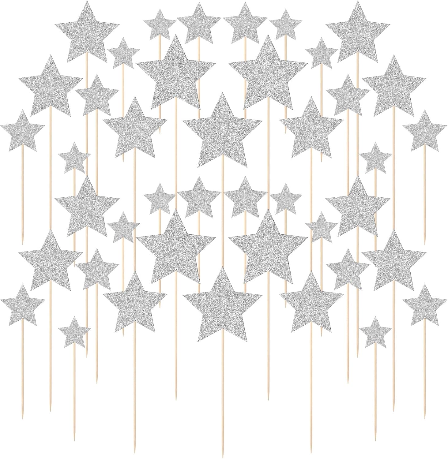 42 PCS Glitter Silver Star Cake Picks, Twinkle Star Cupcake Toppers, Wedding Engagement Baby Shower Birthday Party Cake Decorations Supplies, Mixed Size