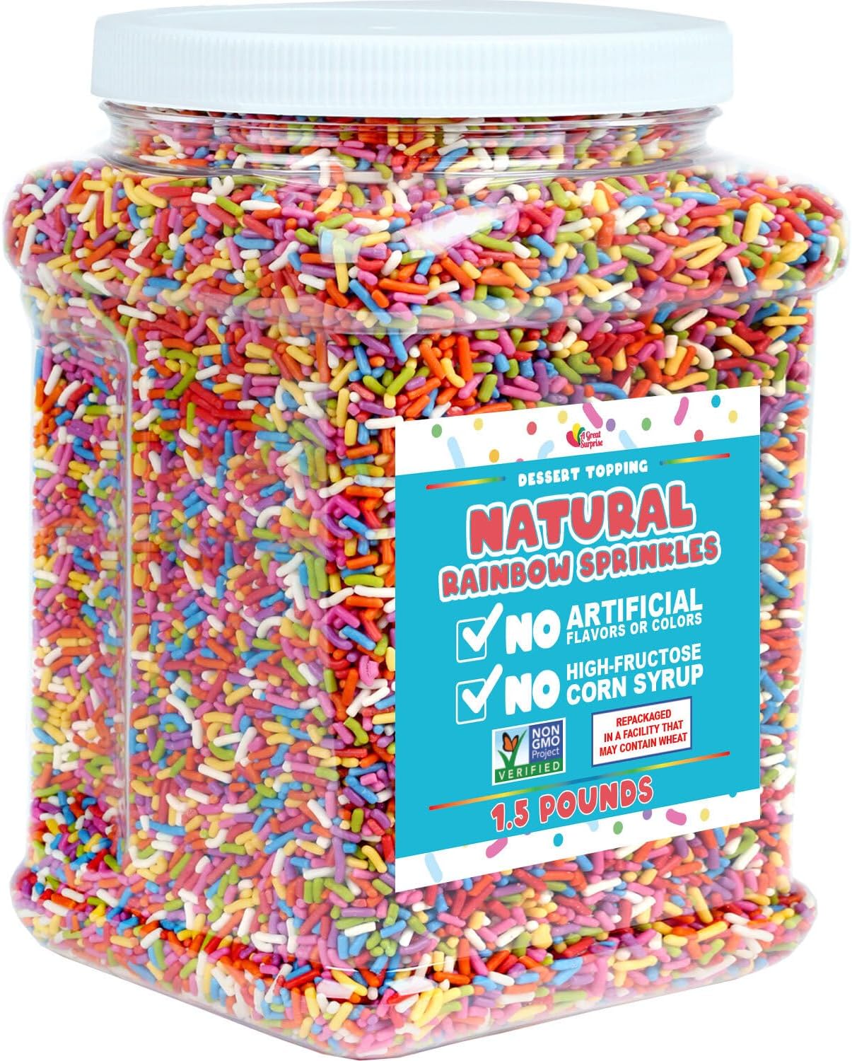 A Great Surprise Dye Free Rainbow Sprinkles - 1.5 Pounds - All Natural - Vegan Sprinkles for Baking, Ice Cream, Cookies, Cupcakes