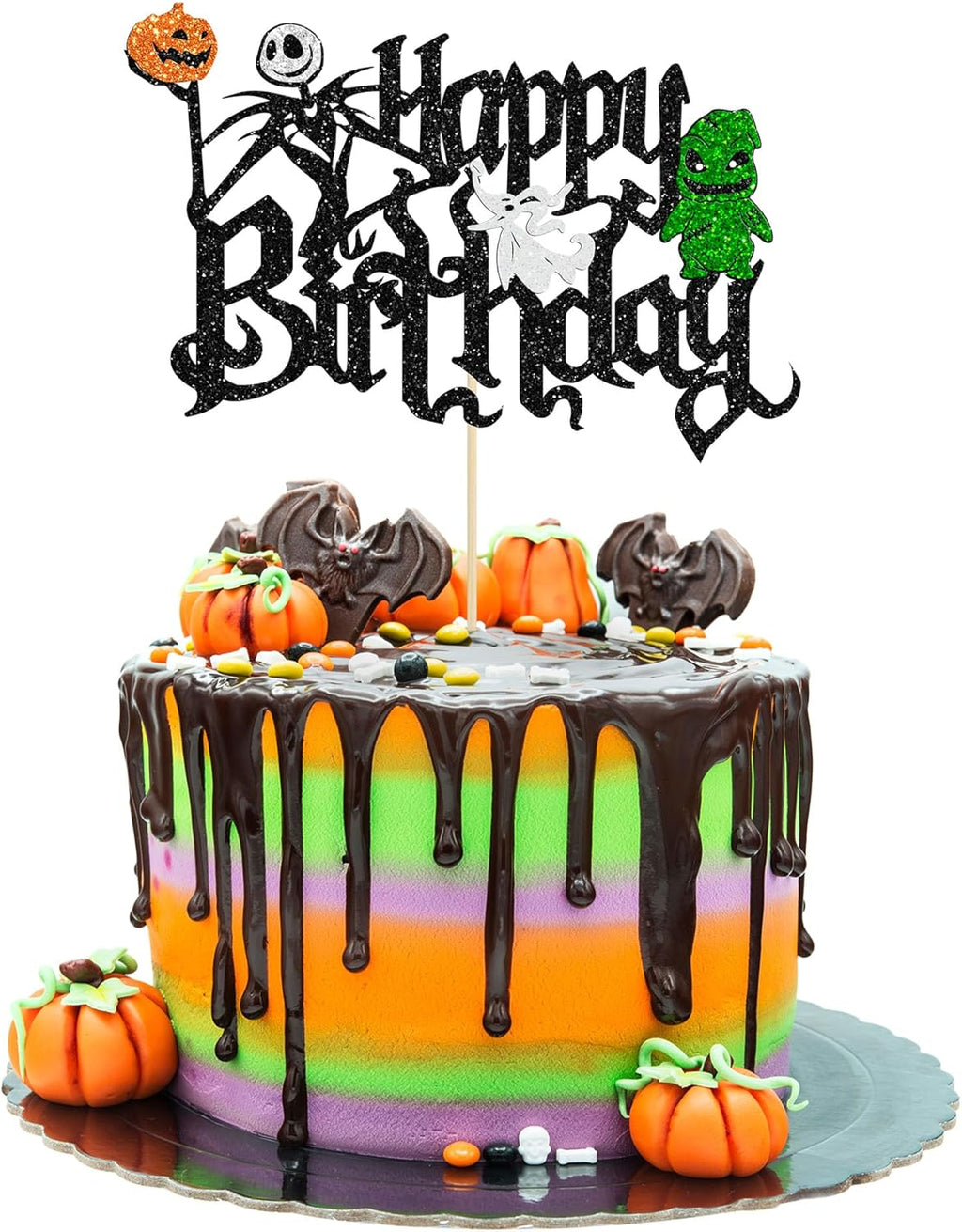 Gyufise 1Pc Halloween Cake Topper - Glitter Jack and Sally Pumpkin Bat Castle Ghost Cake Pick for Birthday Party Cake Decorations