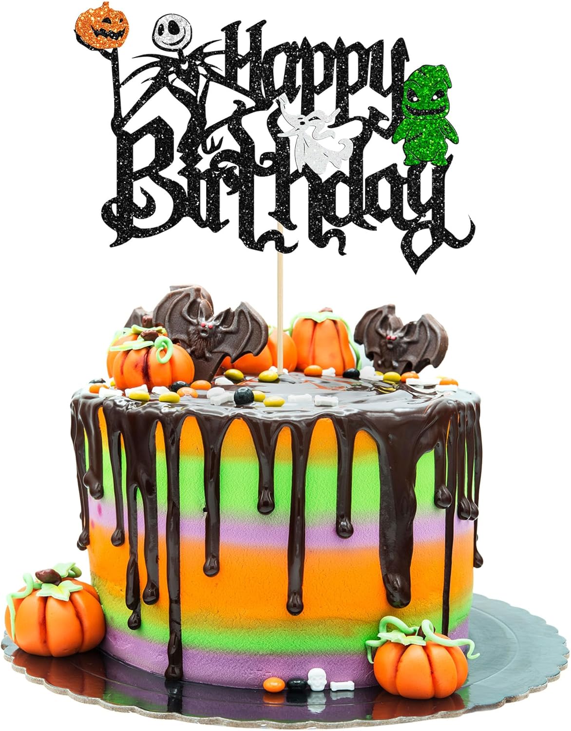 Gyufise 1Pc Halloween Cake Topper - Glitter Jack and Sally Pumpkin Bat Castle Ghost Cake Pick for Birthday Party Cake Decorations