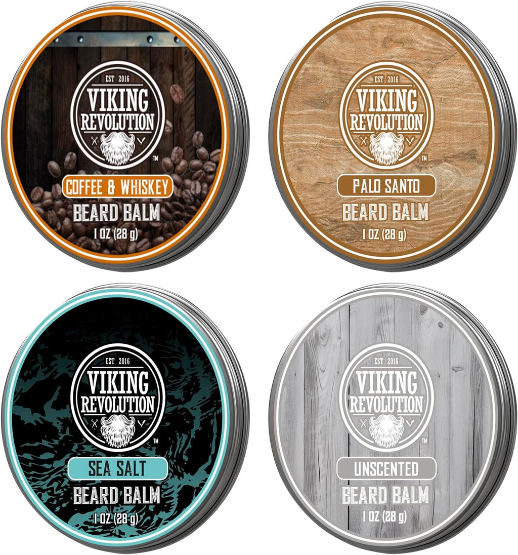 Viking Revolution 4 Beard Balm Variety Pack (1oz Each) – Coffee & Whiskey, Palo Santo, Sea Salt and Unscented – Styles, Strengthens & Softens Beards & Mustaches – Leave-In Conditioner Wax for Men