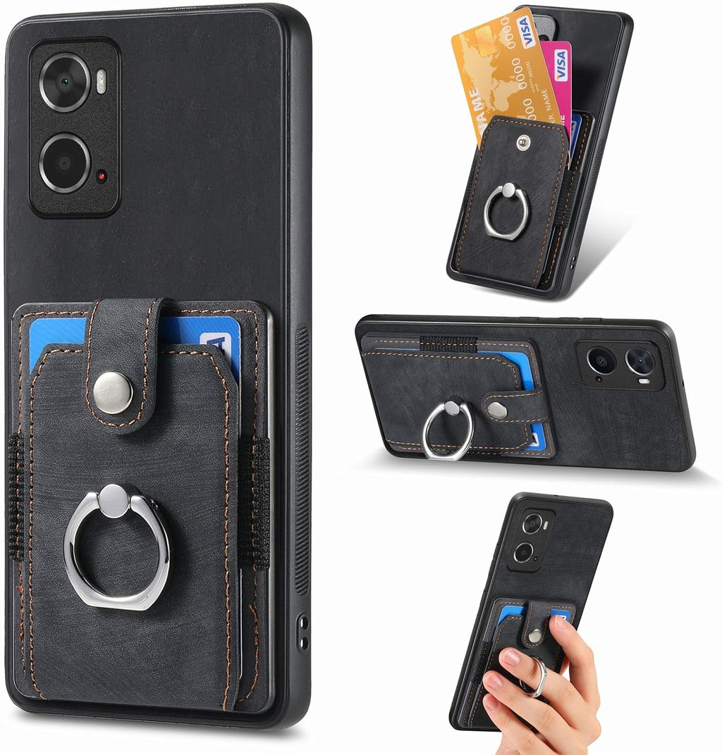 Compatible with Oppo A76 4G Magnetic Bracket Case,Compatible with Oppo A76 4G CPH2375 (PC+TPU+PU) 3 in 1 Card Slots Kickstand Phone Cover Black