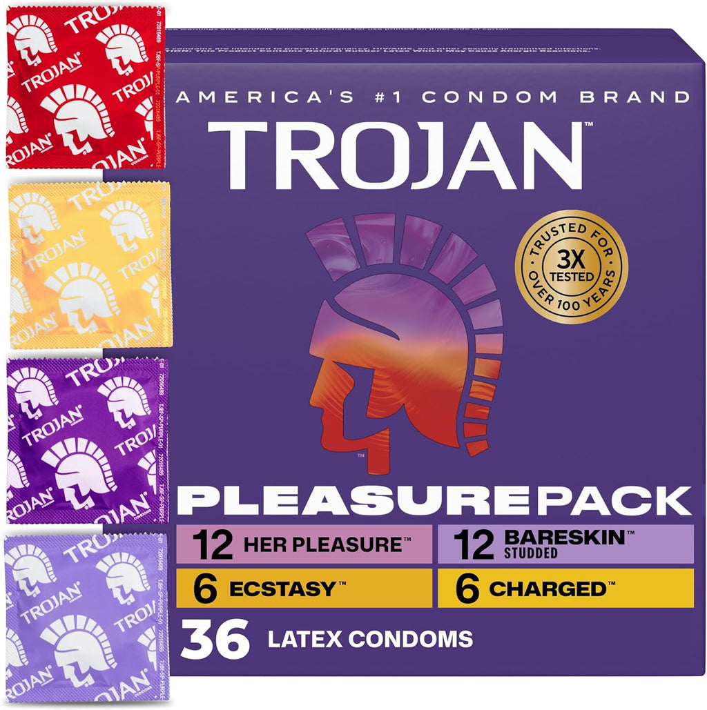 Trojan Pleasure Pack, Assorted Latex Lubricated Condoms for Men, Her Pleasure, Bareskin Studded, Ecstasy & Charged Varieties, Condom Variety Pack 36 Count