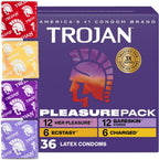 Trojan Pleasure Pack, Assorted Latex Lubricated Condoms for Men, Her Pleasure, Bareskin Studded, Ecstasy & Charged Varieties, Condom Variety Pack 36 Count