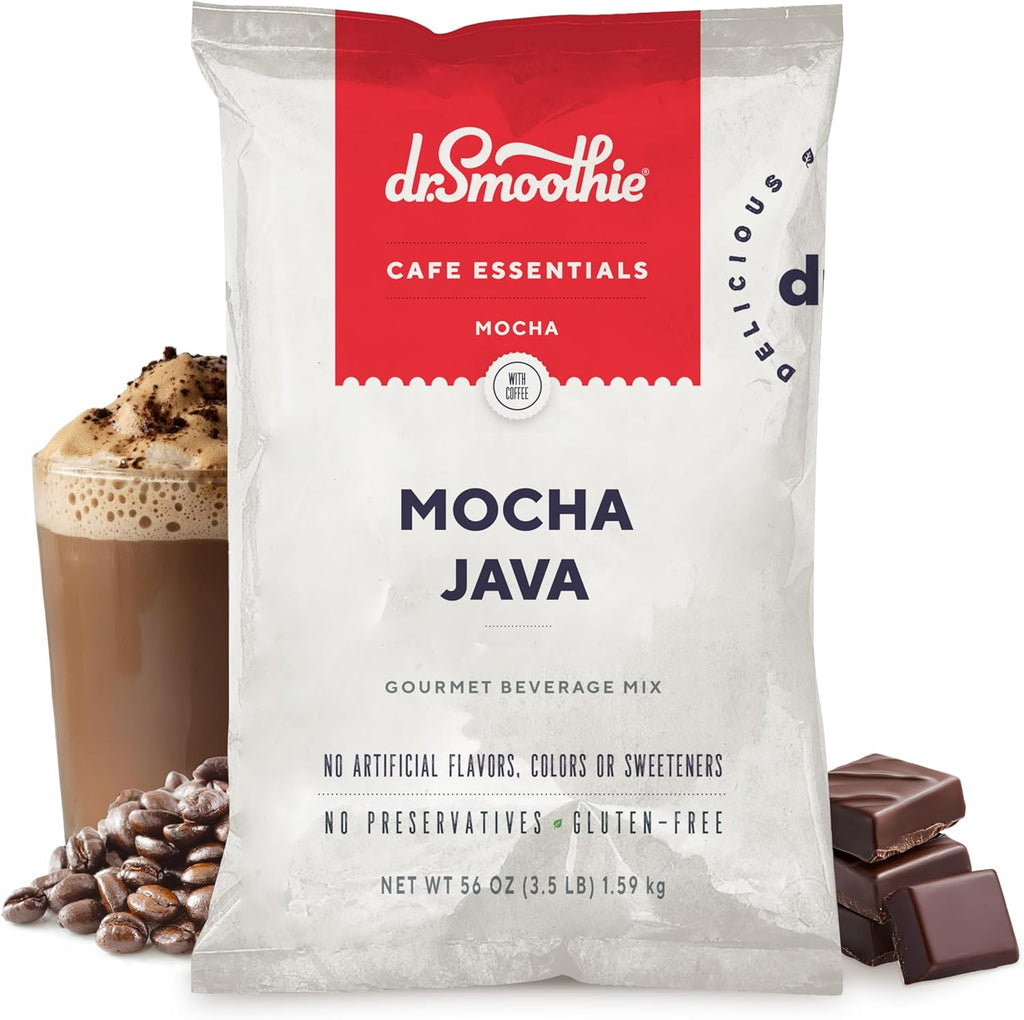Dr. Smoothie Café Essentials Mocha Java – No Artificial Colors, Flavors, or Sweeteners – Shelf Stable – 61mg of Caffeine per Serving – Great for Hot, Iced, & Frozen Frappes (3.5 lb Bag, 30 Servings)