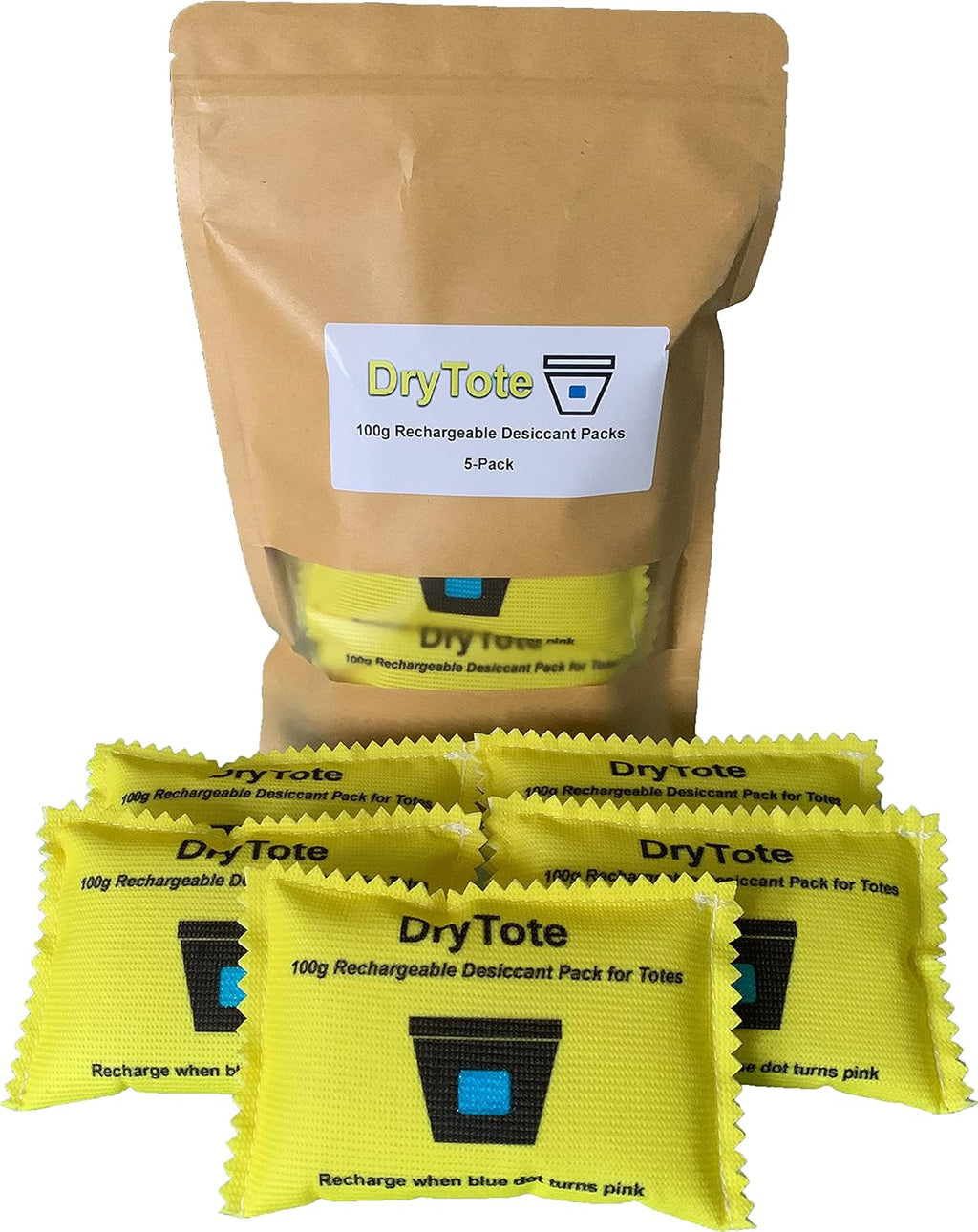 DryTote Rechargeable Desiccant Pack (Pack of 5), Ultimate Moisture Absorption, Color Change Indicator, Safe Storage Protection, Large Capacity 200 Gallons, 100g, Yellow