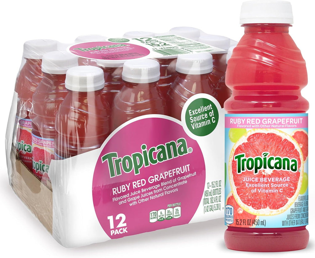 Tropicana Ruby Red Grapefruit Juice Drink, 15.2 fl oz Bottles, (Pack of 12)