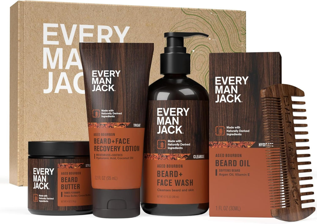Every Man Jack Beard Essentials Gift Set for Men – Complete Routine with 5 Full-Size Essentials – Aged Bourbon Scent - Beard & Face Wash, Lotion, Oil, Butter & Comb