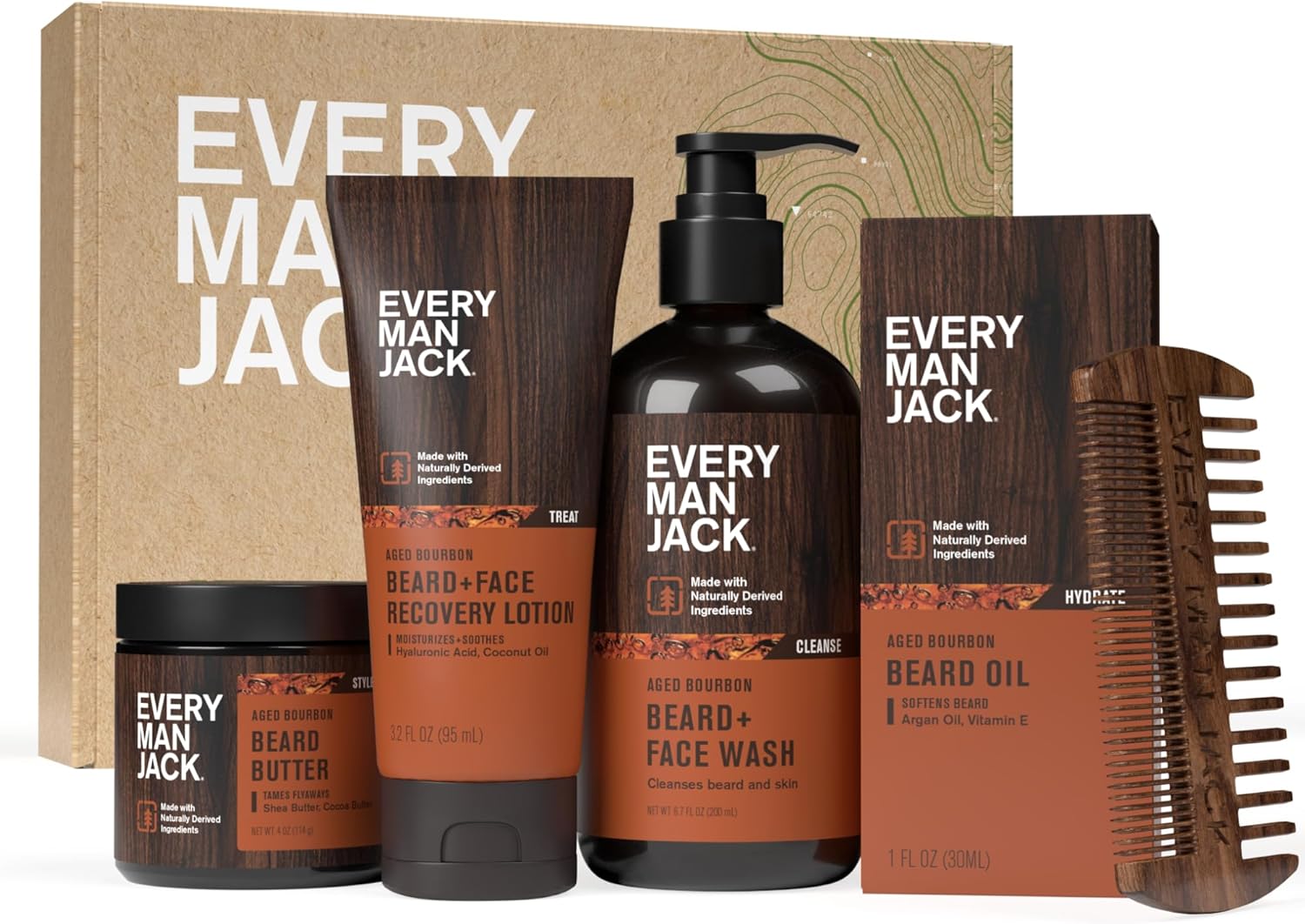 Every Man Jack Beard Essentials Gift Set for Men – Complete Routine with 5 Full-Size Essentials – Aged Bourbon Scent - Beard & Face Wash, Lotion, Oil, Butter & Comb