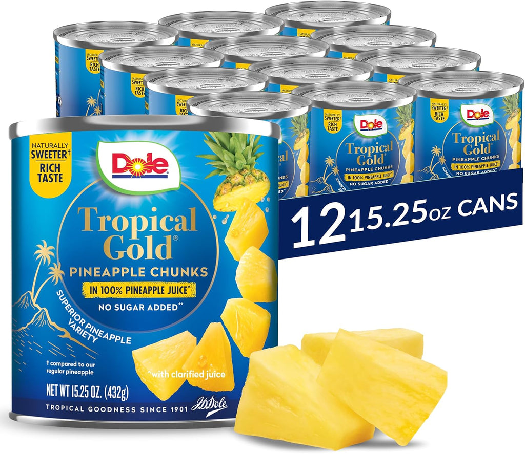 Dole Canned Fruit, Tropical Gold Pineapple Chunks in 100% Pineapple Juice, Gluten Free, Pantry Staples, No Sugar Added, 15.25 Oz, 12 Count