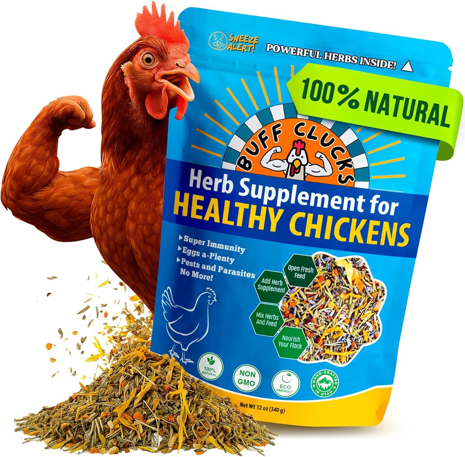 Buff Clucks Herb Supplement for Backyard Chickens - Natural Chicken Treats, Poultry Feed Botanical Mix, Plant-Based Coop Snacks for Daily Wellness, Feather Quality, Egg Production, USA (12 oz)
