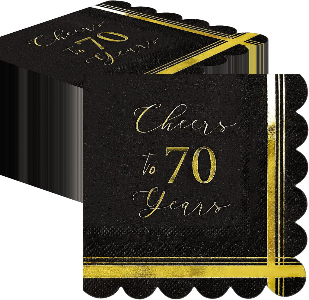 SietDESEO 50 PCS 3-ply 70th Birthday Scalloped Napkins Disposable 5 x 5 Inches Cheers to 70 Years Paper Napkins Black and Gold Cocktail Napkins for Birthday Anniversary Party Supplies Beverage Napkins