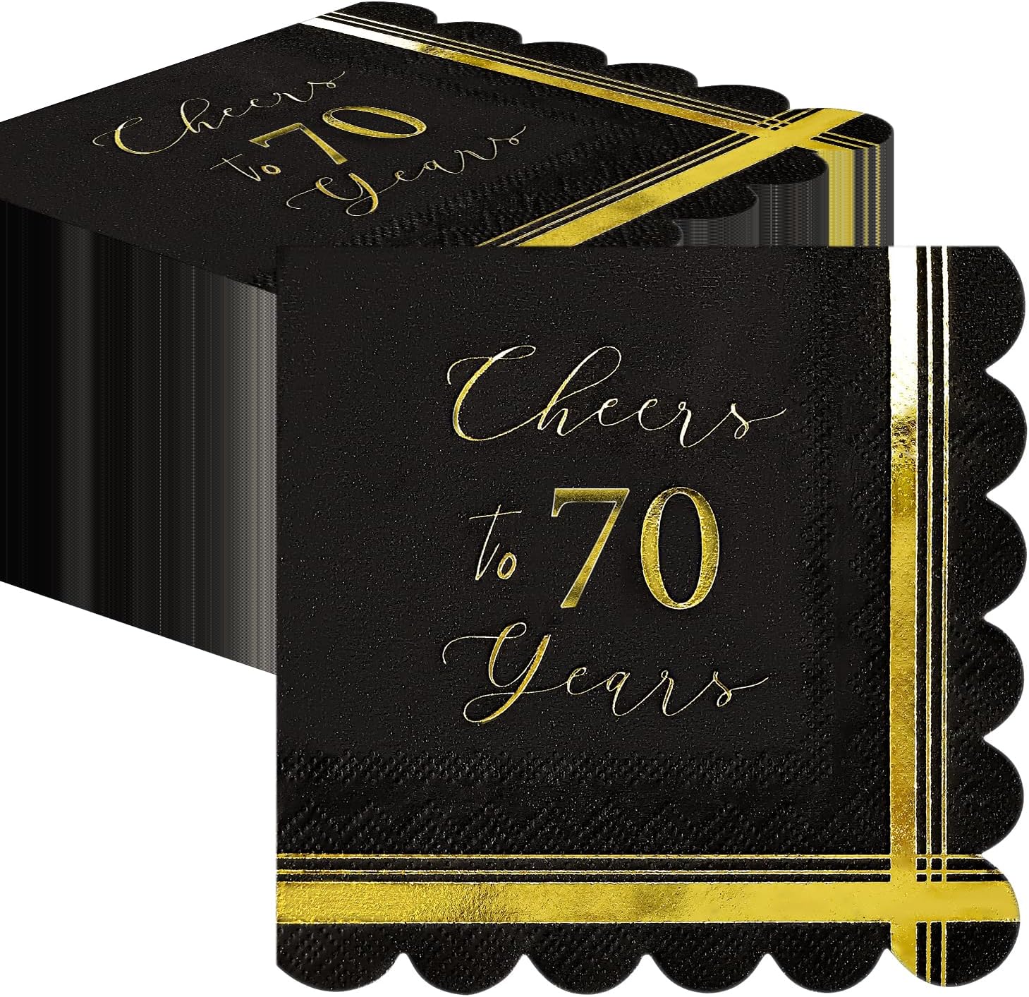 SietDESEO 50 PCS 3-ply 70th Birthday Scalloped Napkins Disposable 5 x 5 Inches Cheers to 70 Years Paper Napkins Black and Gold Cocktail Napkins for Birthday Anniversary Party Supplies Beverage Napkins