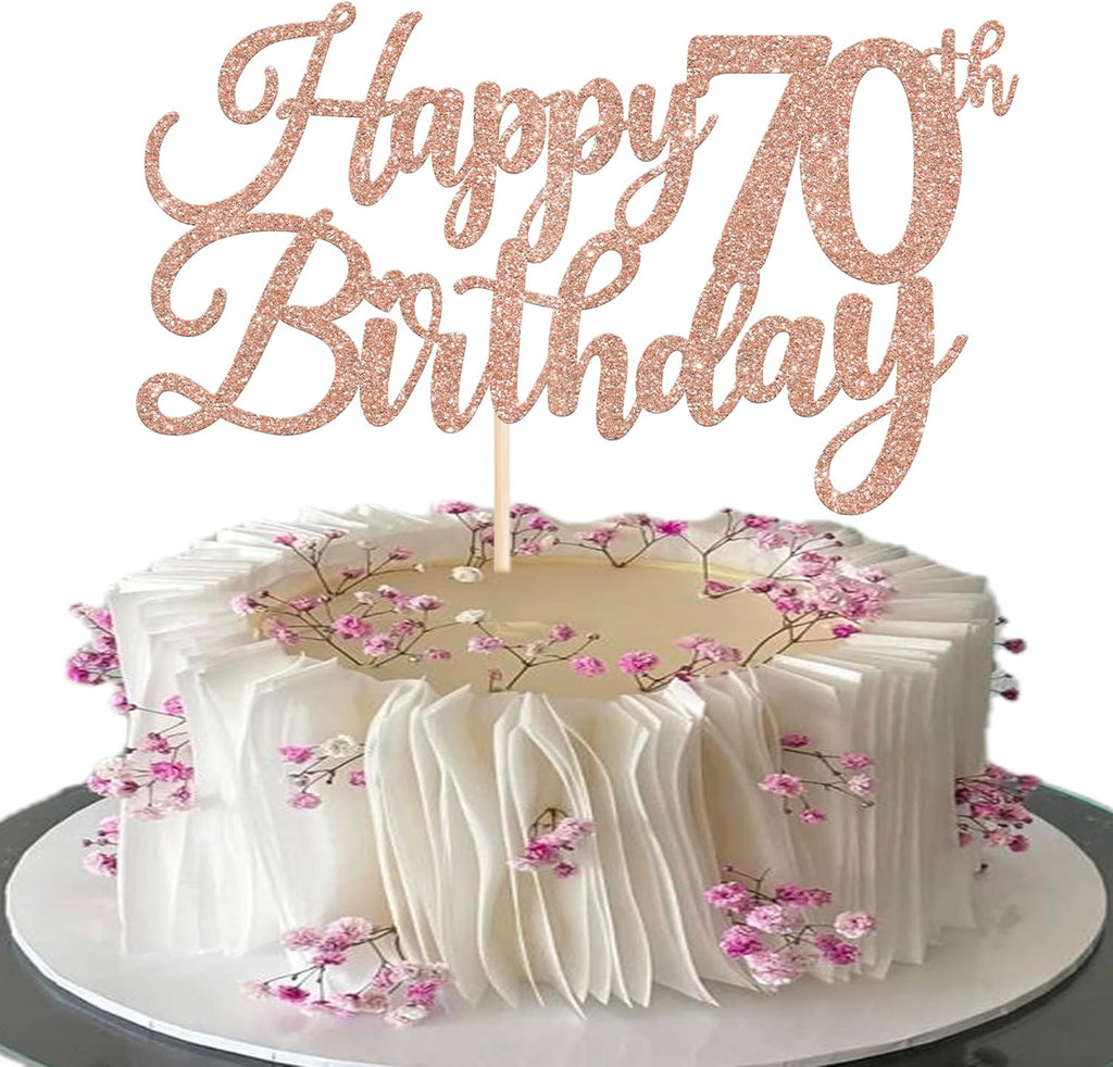 Rsstarxi 1 Pack Happy 70th Birthday Cake Topper Glitter Cheers to 70 Years Hello 70 Fabulous Cake Pick for It's My 70 Birthday Theme Celebrate Party Cake Decorations Supplies Rose Gold