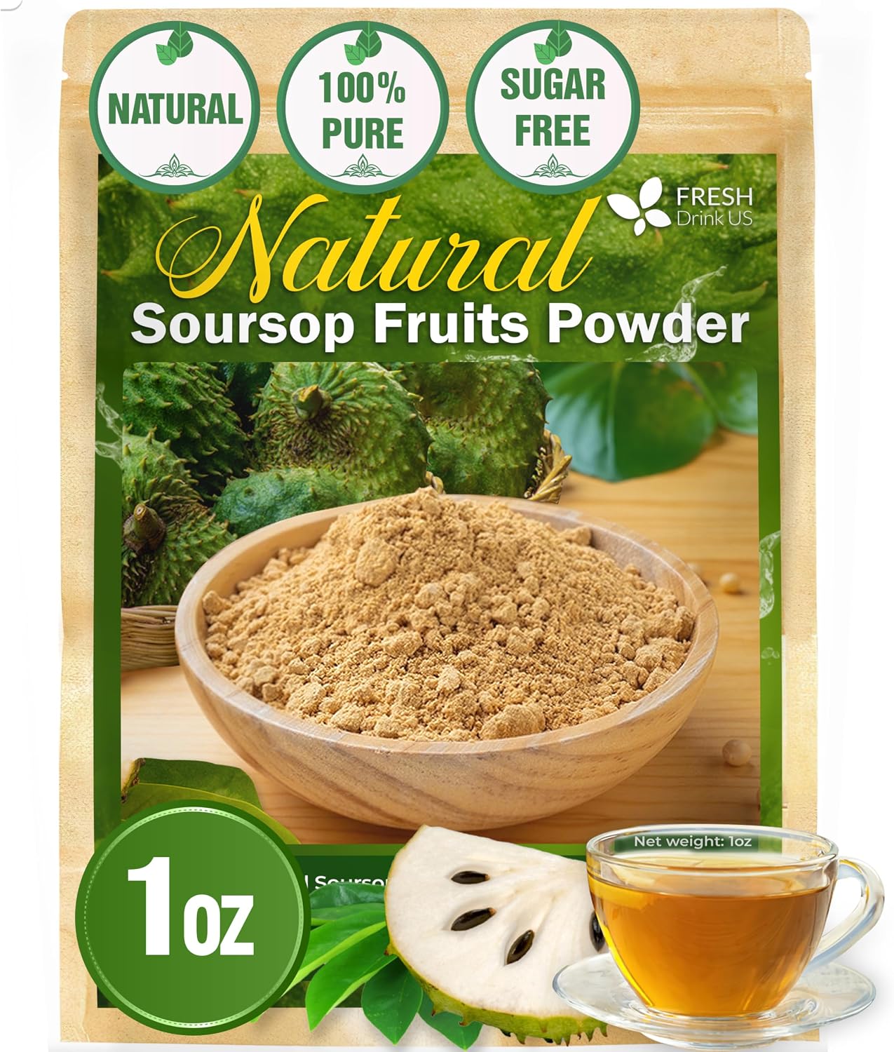 FreshDrinkUS, Premium 1oz Soursop Fruit Powder, 100% Natural and Pure from Soursop Graviola Fruit, Soursop Fruit Tea, No Additives, No Gluten, No Sugar, Vegan, Guanabana Powder, Handmade Product