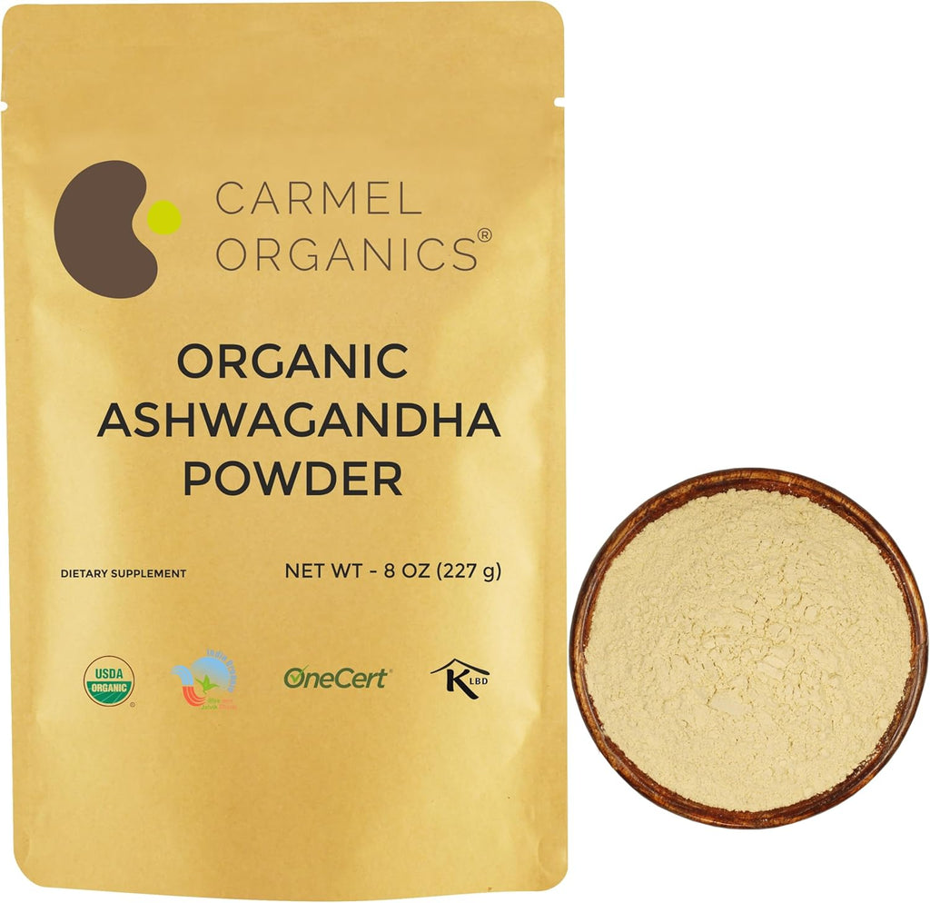 CARMEL ORGANICS Organic Ashwagandha Root Powder (8 Oz or 227g/0.5 Lbs) USDA Certified. Lab Tested, Non GMO & Gluten Free | Withania Somnifera from India