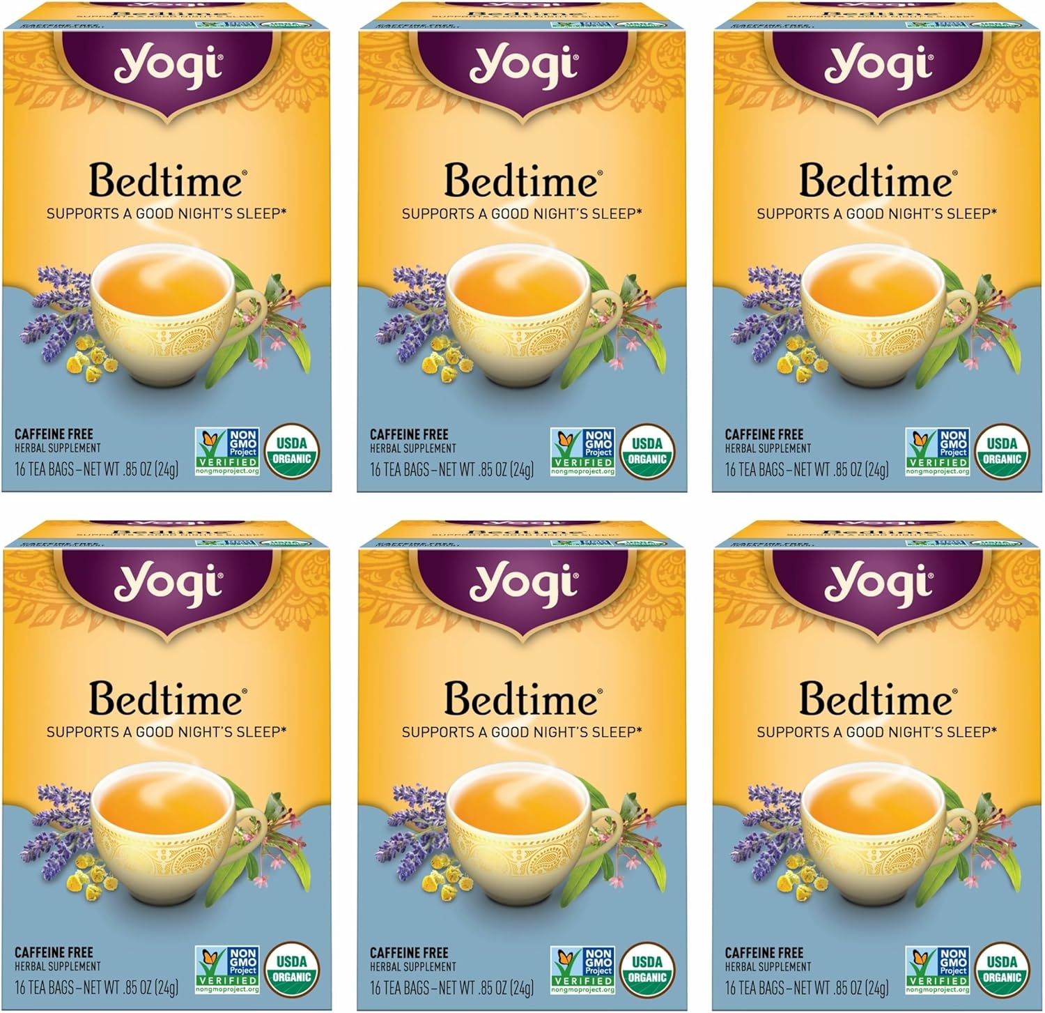 Yogi Tea - Bedtime (6 Pack) - Supports a Good Night’s Sleep - Tea with Passionflower, Chamomile, Valerian Root, and Lavender - 96 Organic Herbal Tea Bags