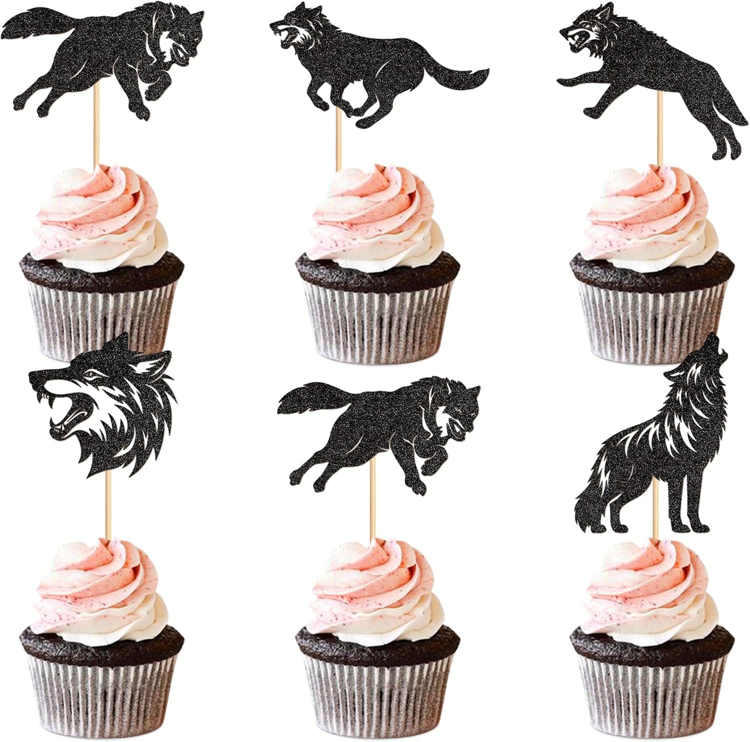 Ercadio 25 PCS Black Wolf Cupcake Toppers Silhouette Black Glitter Cupcake Topper Wolf Cupcake Decoration Picks Animal Theme for Baby Shower Kids Birthday Party Decoration Supplies