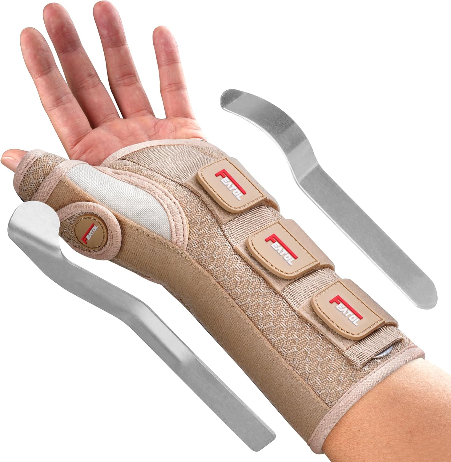 FEATOL Carpal Tunnel Wrist Brace Night Support, Thumb Spica Splint Left Hand for De Quervains Tenosynovitis, Tendonitis, Thumb Brace for Women Men, Beige, Medium/Large