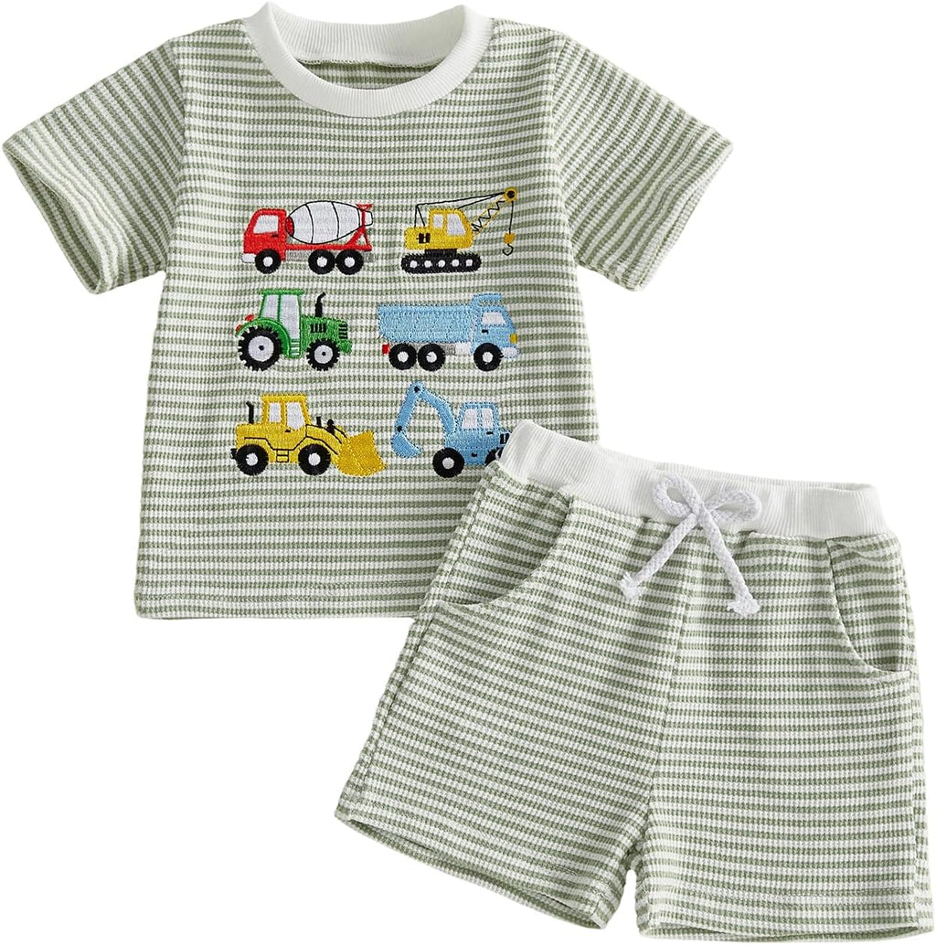 Toddler Baby Boy Summer Clothes Waffle Truck Embroidery Short Sleeve Tops T-Shirt and Shorts Sets Cute 2Pcs Outfits