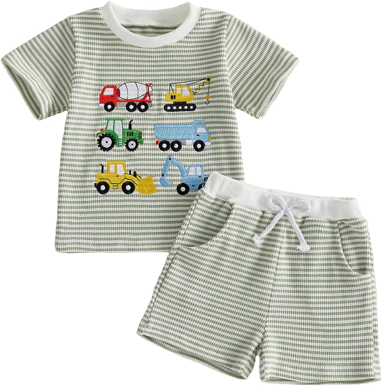 Toddler Baby Boy Summer Clothes Waffle Truck Embroidery Short Sleeve Tops T-Shirt and Shorts Sets Cute 2Pcs Outfits