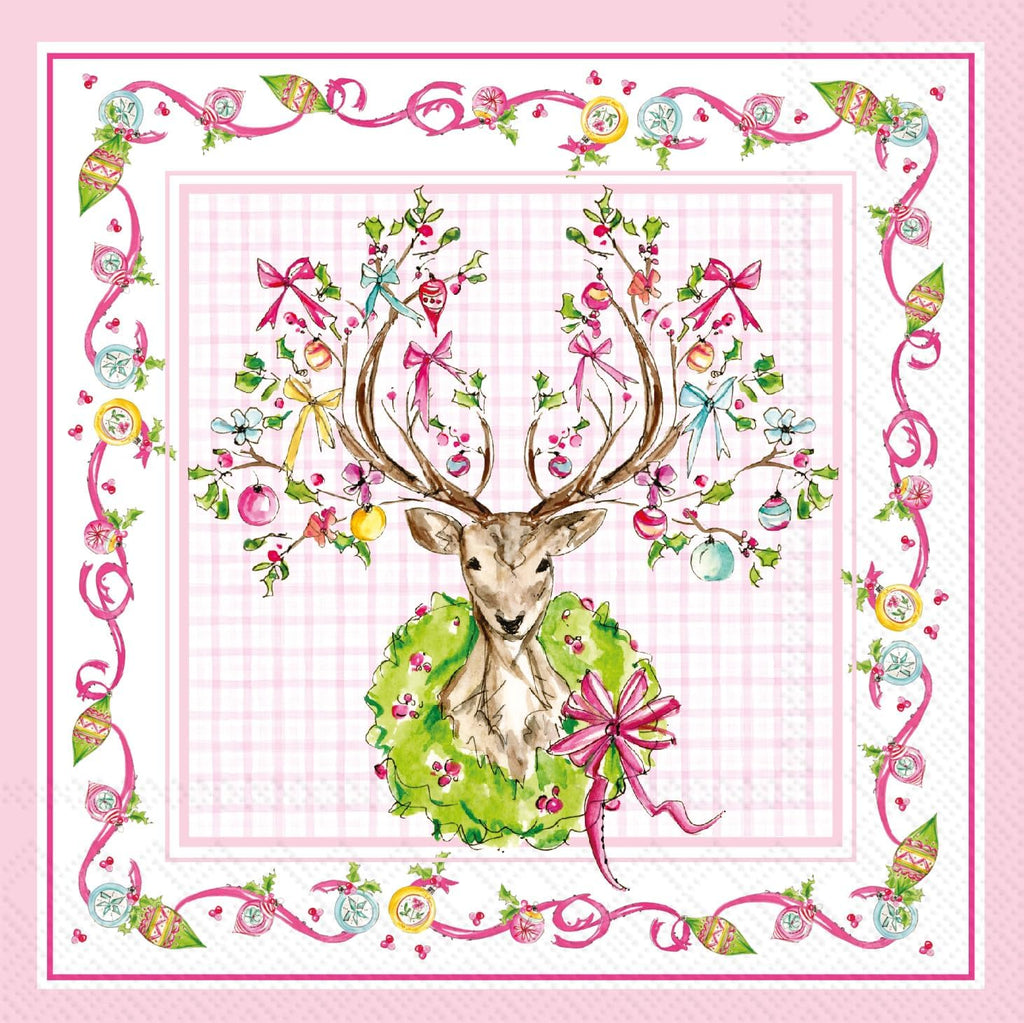 IHR Ideal Home Range Cocktail Napkins Disposable 3-Ply Paper Party Napkin Pack, 5" x 5", Vintage Ornament Deer, 20-Count