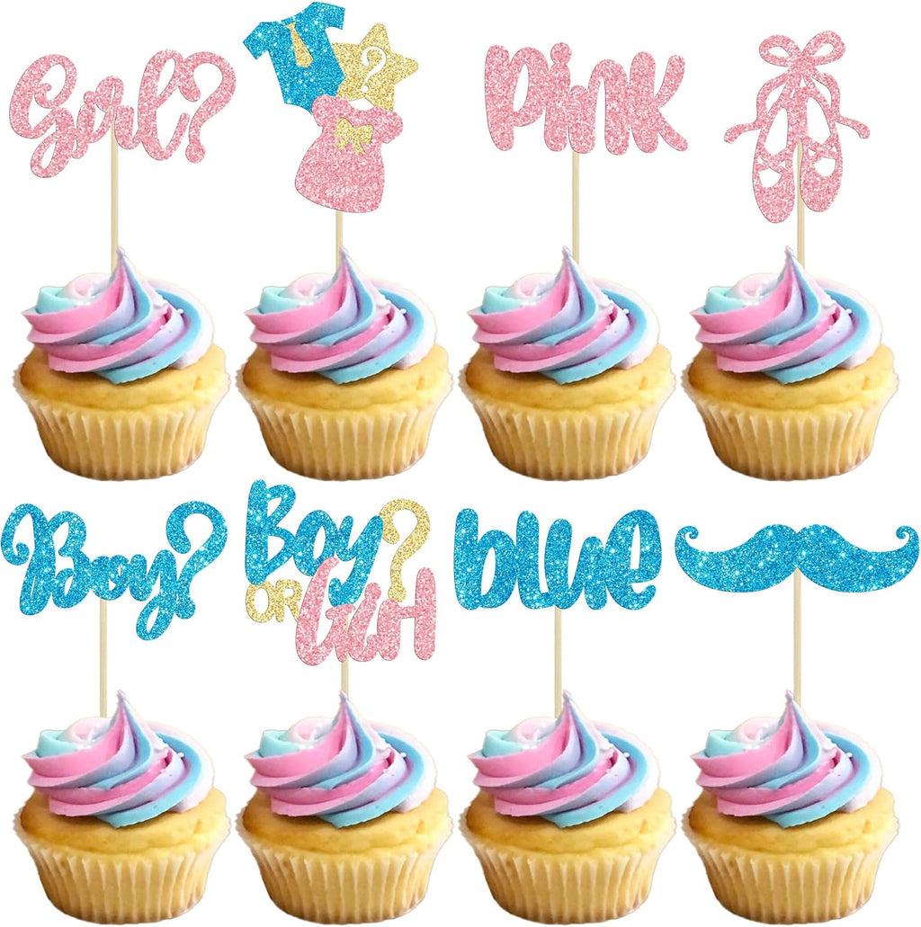 Gyufise 24Pcs Boy or Girl Cupcake Toppers Glitter Mustache Eyelash Gender Reveal Cupcake Picks Pink or Blue Cake Decorations for Baby Shower Gender Reveal Birthday Party Supplies