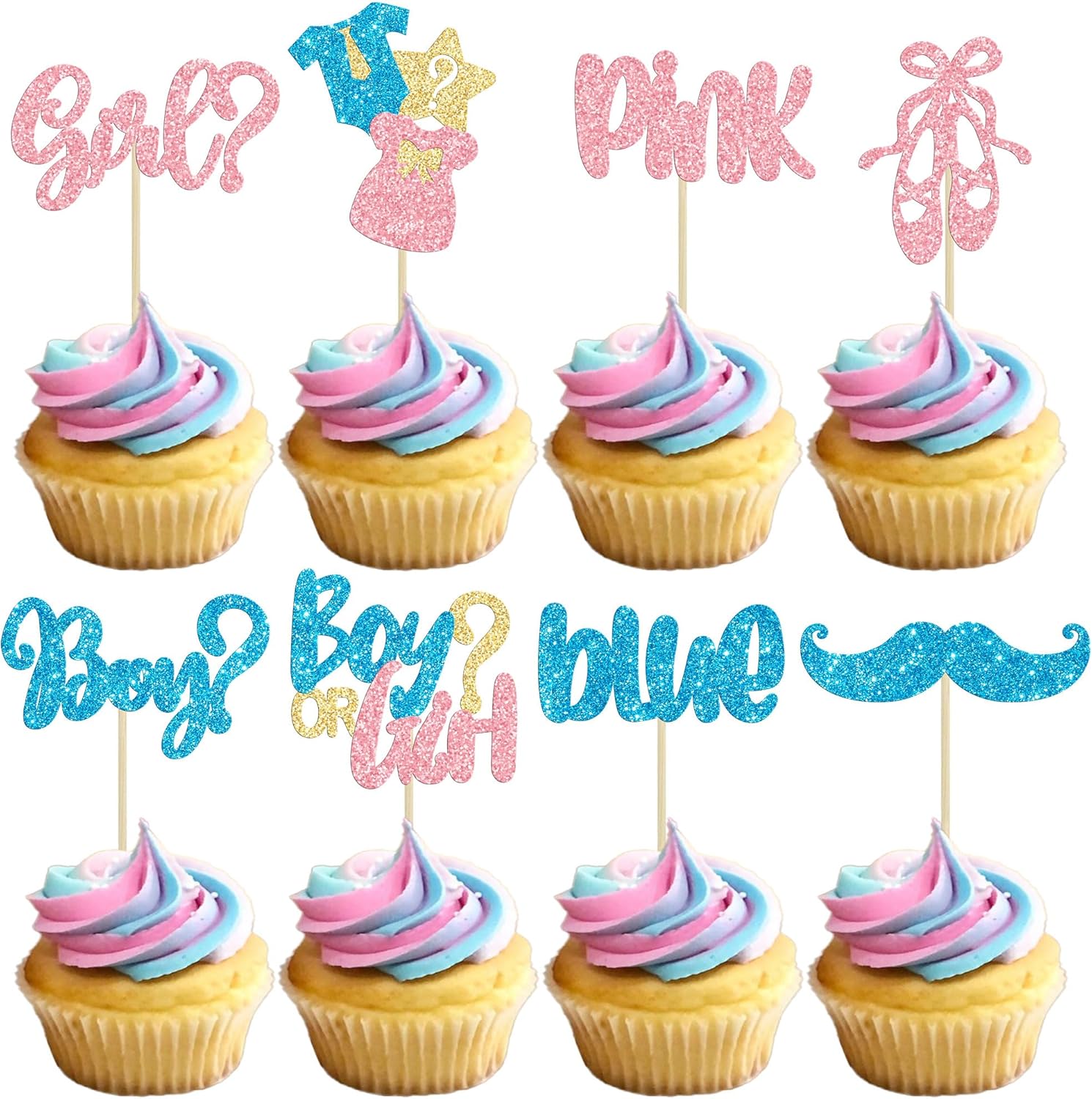 Gyufise 24Pcs Boy or Girl Cupcake Toppers Glitter Mustache Eyelash Gender Reveal Cupcake Picks Pink or Blue Cake Decorations for Baby Shower Gender Reveal Birthday Party Supplies