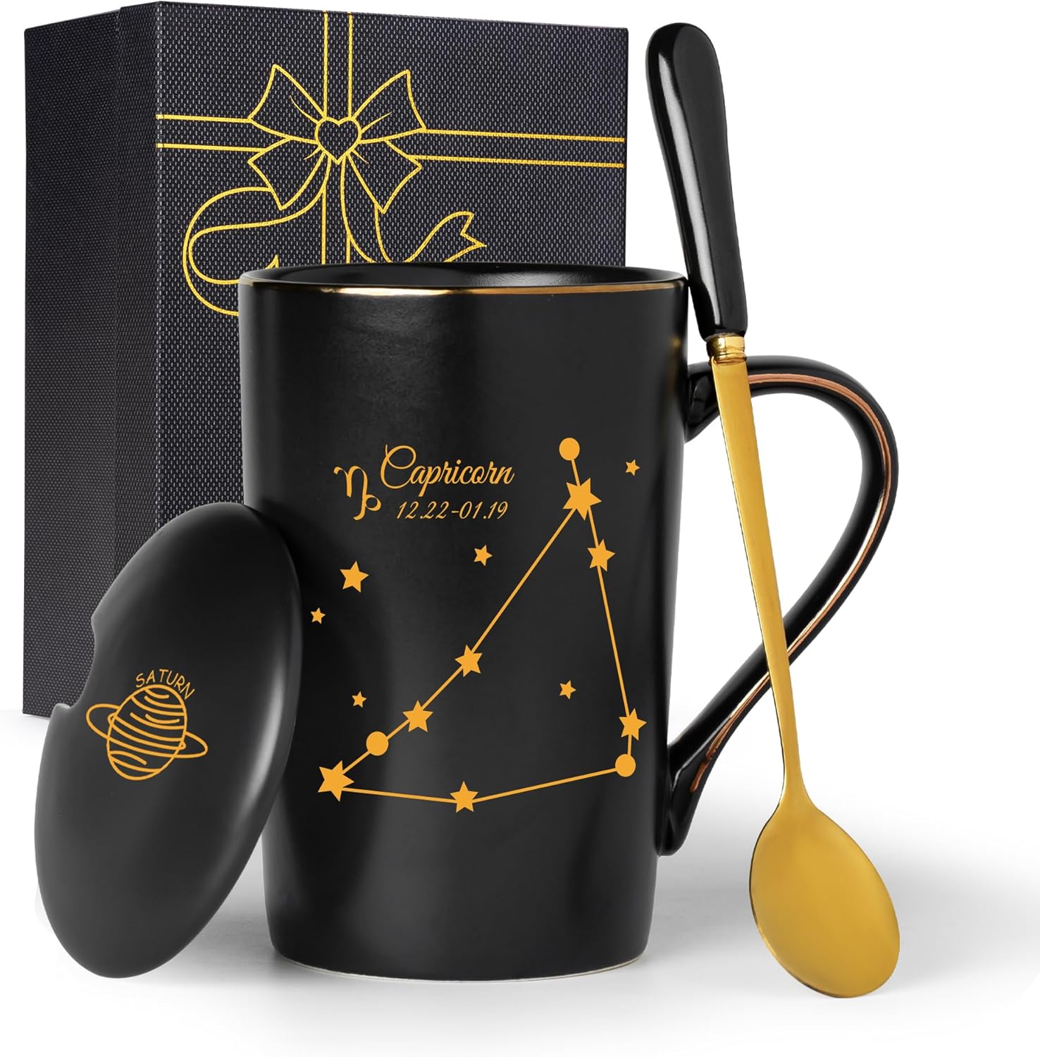 Capricorn Gifts, Capricorn Zodiac Sign Star Gift for Women Girls Men, Christmas Birthday Gifts for 12 Horoscope Astrology Lovers, 14 OZ Black with Gift Box Spoon Lid