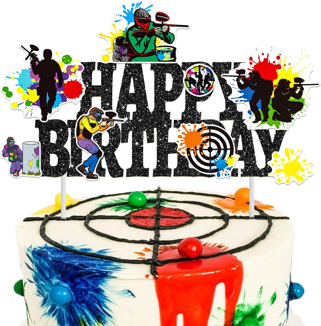 Paintball Birthday Cake Topper Glitter Black Paintball Birthday Party Decorations Paintball Themed Splatter Splash Cake Picks Decor for Paint Ball Shooting Game Sport Party Supplies